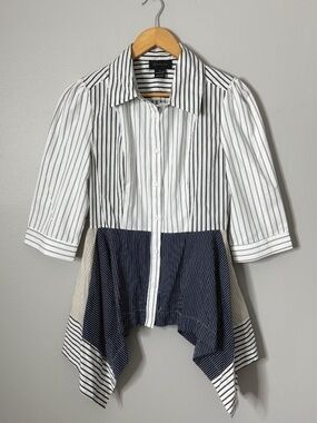 Gracia Blouse Striped Button Front Edgy Asymmetrical Hem White Blue Black Grey